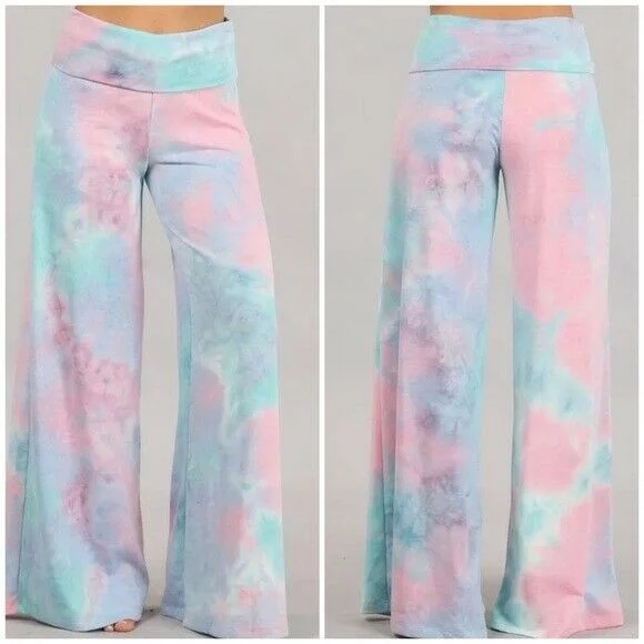 Aqua Pink Blue Tie Dye Wide Leg Palazzo Relaxed Fit Foldover Waist Lounge Pants Classic Straight-Leg Pants Aqua Pink Blue Tie Dye Wide Leg Palazzo Relaxed Fit Foldover Waist Lounge Pants Classic Straight-Leg Pants