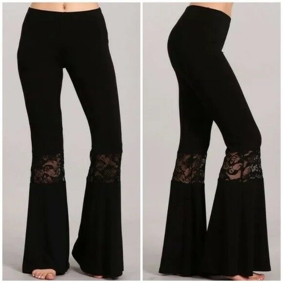 Black Lace Boho Inset Bell Flared Elastic Waist Pull On Womens Casual Pants Fashionable Sporty Pants Black Lace Boho Inset Bell Flared Elastic Waist Pull On Womens Casual Pants Fashionable Sporty Pants