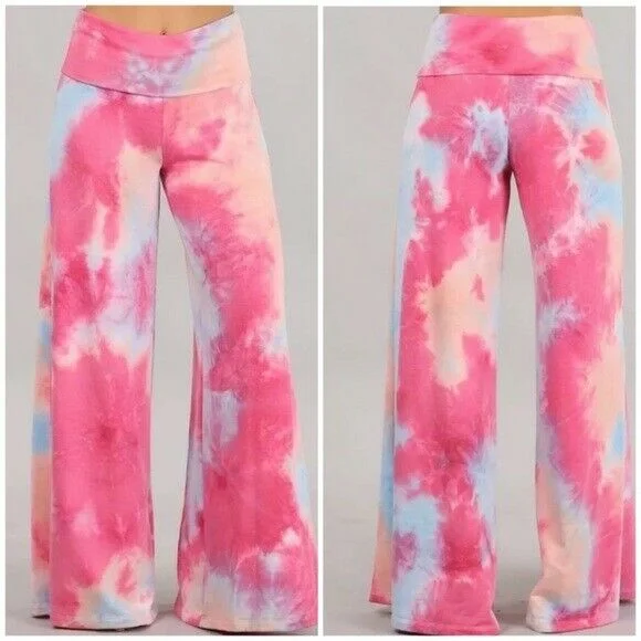 Fuchsia Pink Tie Dye Wide Leg Palazzo Relaxed Fit Foldover Waist Lounge Pants Soft Cotton Pants Fuchsia Pink Tie Dye Wide Leg Palazzo Relaxed Fit Foldover Waist Lounge Pants Soft Cotton Pants