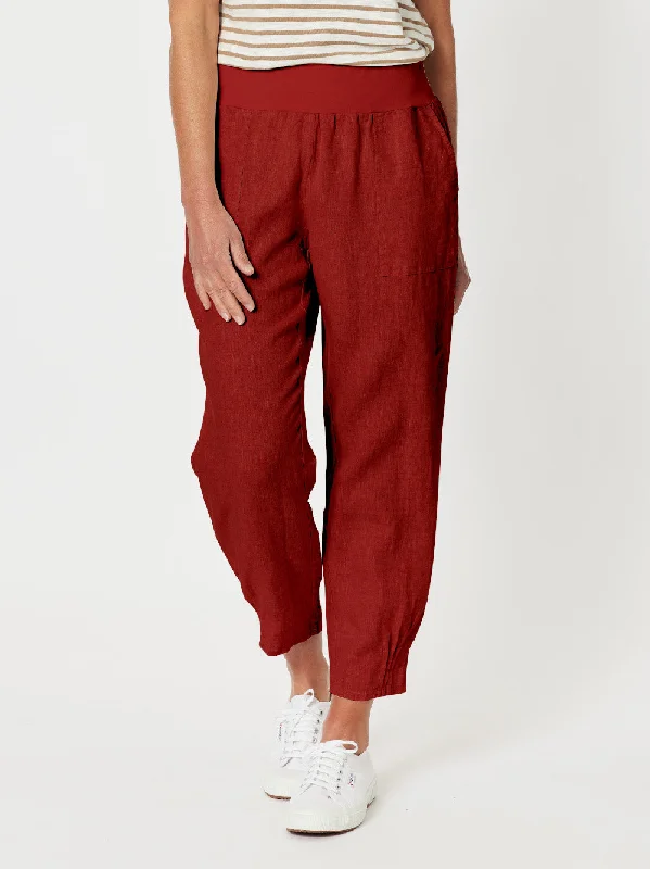 Sarah Linen Pleat Hem Pant - Brick Red Lightweight Jogger Pants