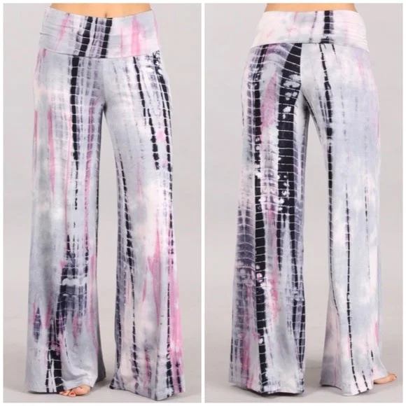 Silver Pink Tie Dye Foldover High Waist Wide Leg Palazzo Lounge Stretch Pants Fashionable Work Pants Silver Pink Tie Dye Foldover High Waist Wide Leg Palazzo Lounge Stretch Pants Fashionable Work Pants