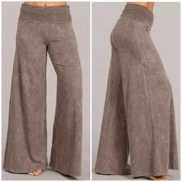 Taupe Mineral Wash Wide Led Foldover Over Waistband Casual Boho Womens Pants Relaxed High-Waist Trousers Taupe Mineral Wash Wide Led Foldover Over Waistband Casual Boho Womens Pants Relaxed High-Waist Trousers