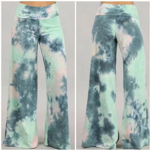 Teal Green Tie Dye Wide Leg Palazzo Relaxed Fit Foldover Waist Lounge Pants Comfortable Pleated Pants Teal Green Tie Dye Wide Leg Palazzo Relaxed Fit Foldover Waist Lounge Pants Comfortable Pleated Pants