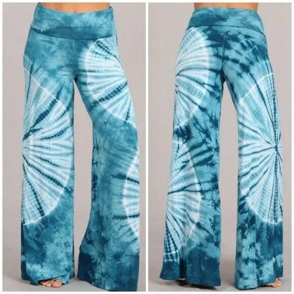 Teal Tie Dye Boho Wide Leg Palazzo High Foldover Waist Stretch Womens Pants High-Waist Yoga Pants Teal Tie Dye Boho Wide Leg Palazzo High Foldover Waist Stretch Womens Pants High-Waist Yoga Pants