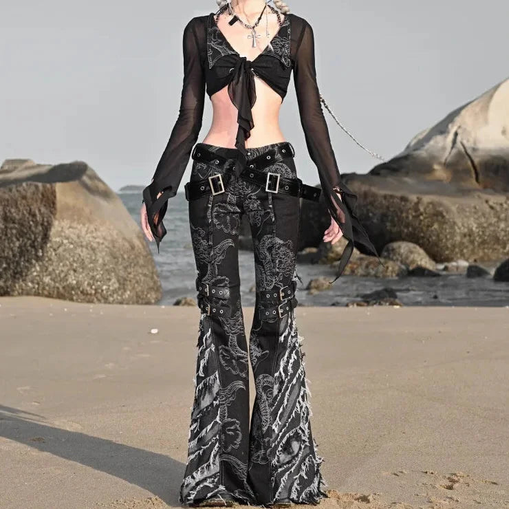 Women's Punk Black Tassel Ripped Dragon Pattern Flare Pants with Belt Classic Chino Pants Women's Punk Black Tassel Ripped Dragon Pattern Flare Pants with Belt Classic Chino Pants