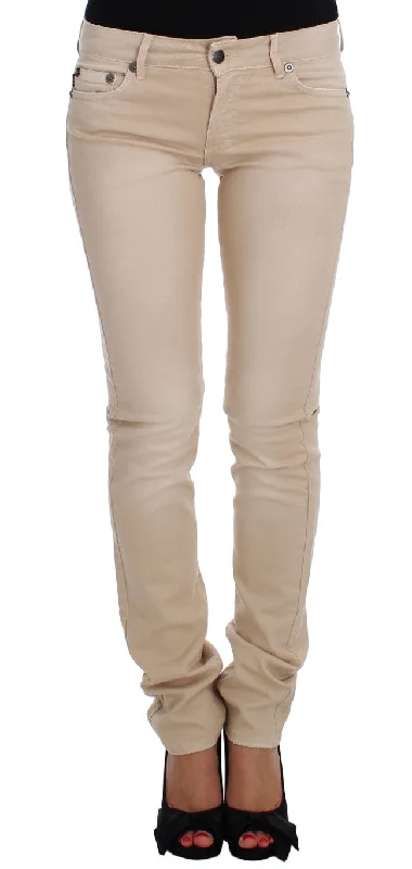 Beige Cotton Stretch Slim Fit Jeans Trendy Flared Leg Jeans
