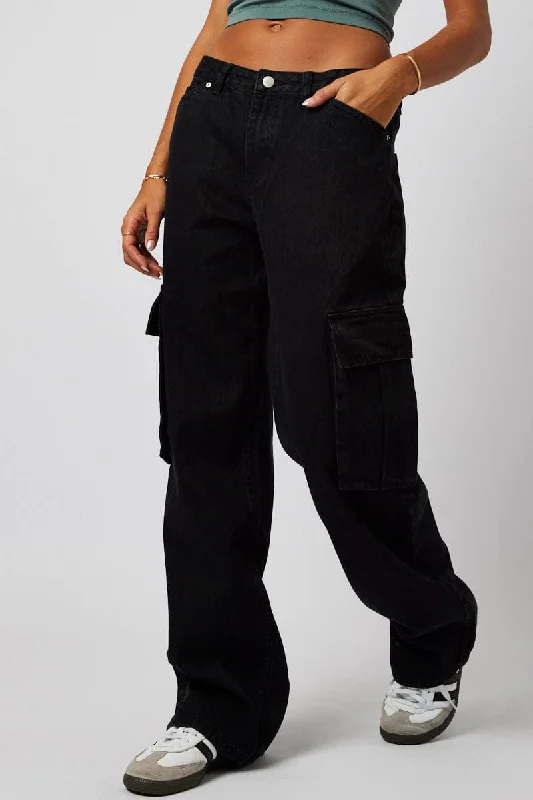 Black Cargo Jean Mid Rise Cozy Wide-Legged Jeans