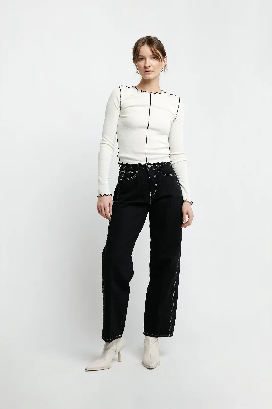 CONTRAST STITCH BLACK JEAN Fashionable Relaxed Fit Denim
