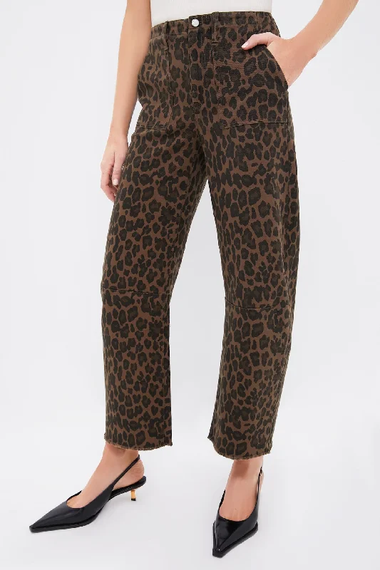 Dark Leopard Utility Soft Barrel Jean Fashionable Raw Hem Bootcut Jeans