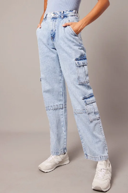 Denim Cargo Jean Wide Leg Comfortable Flare Leg Jeans