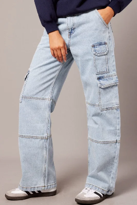 Denim Straight Cargo Jean Mid Rise Comfortable Stretch Fit Jeans
