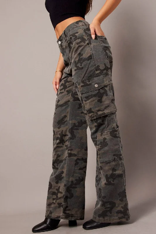 Green Abstract Cargo Jean Mid Rise Casual Skinny Fit Jeans
