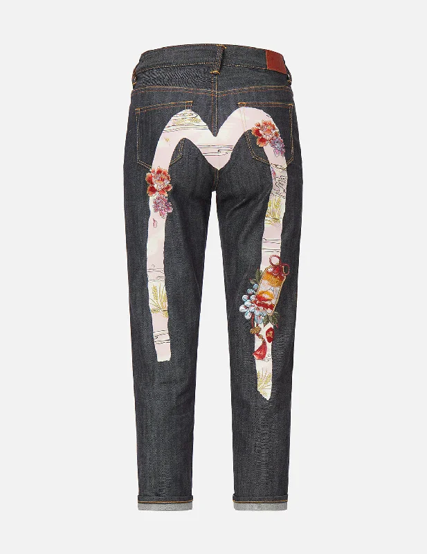 Japanese-painting Daicock Print Relax Fit Jeans Fashionable Raw Hem Bootcut Jeans