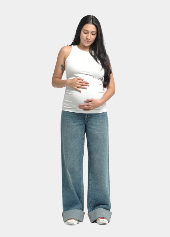 Maternity 36" Roll Cuff Wide Leg Jean with Bellyband in Willa Trendy Plus Size Jeans Maternity 36" Roll Cuff Wide Leg Jean with Bellyband in Willa Trendy Plus Size Jeans