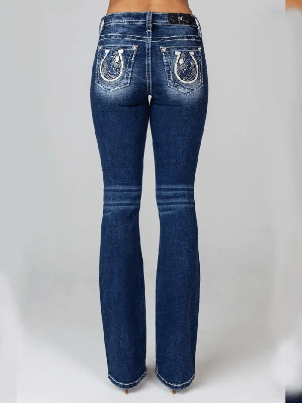 Miss Me M9183B Womens Vines And Horseshoe Bootcut Jean Dark Blue Comfortable Boyfriend Jeans