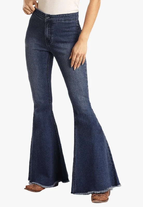 Rock and Roll Womens Button Bells High Rise Flare Jean Comfortable Ankle Jeans