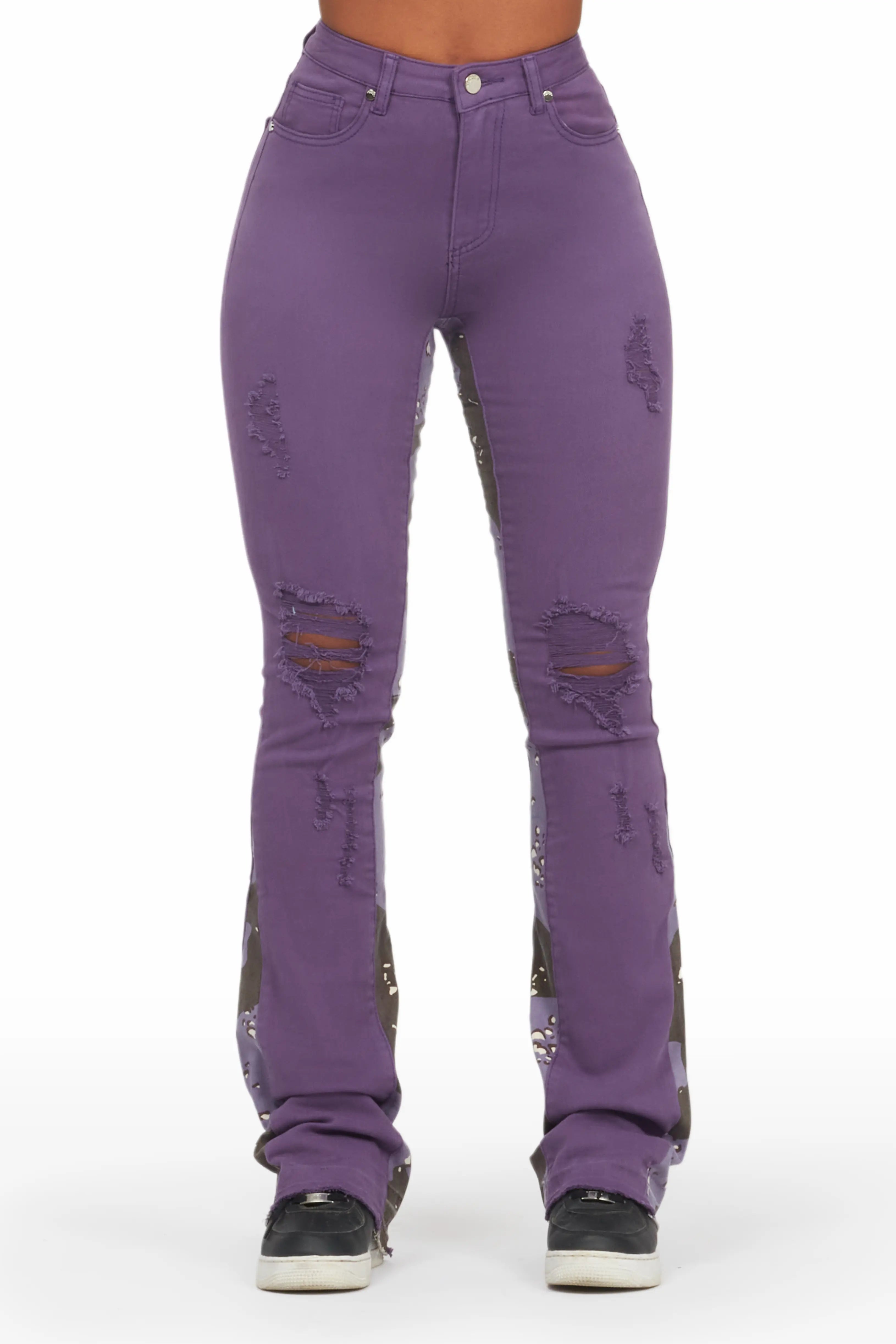 Khaleesy Purple Stacked Flare Jean Stylish Relaxed Fit Skinny Jeans