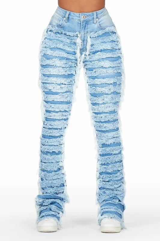 Raeven Light Blue Stacked Flare Jean Casual High-Waisted Bootcut Jeans
