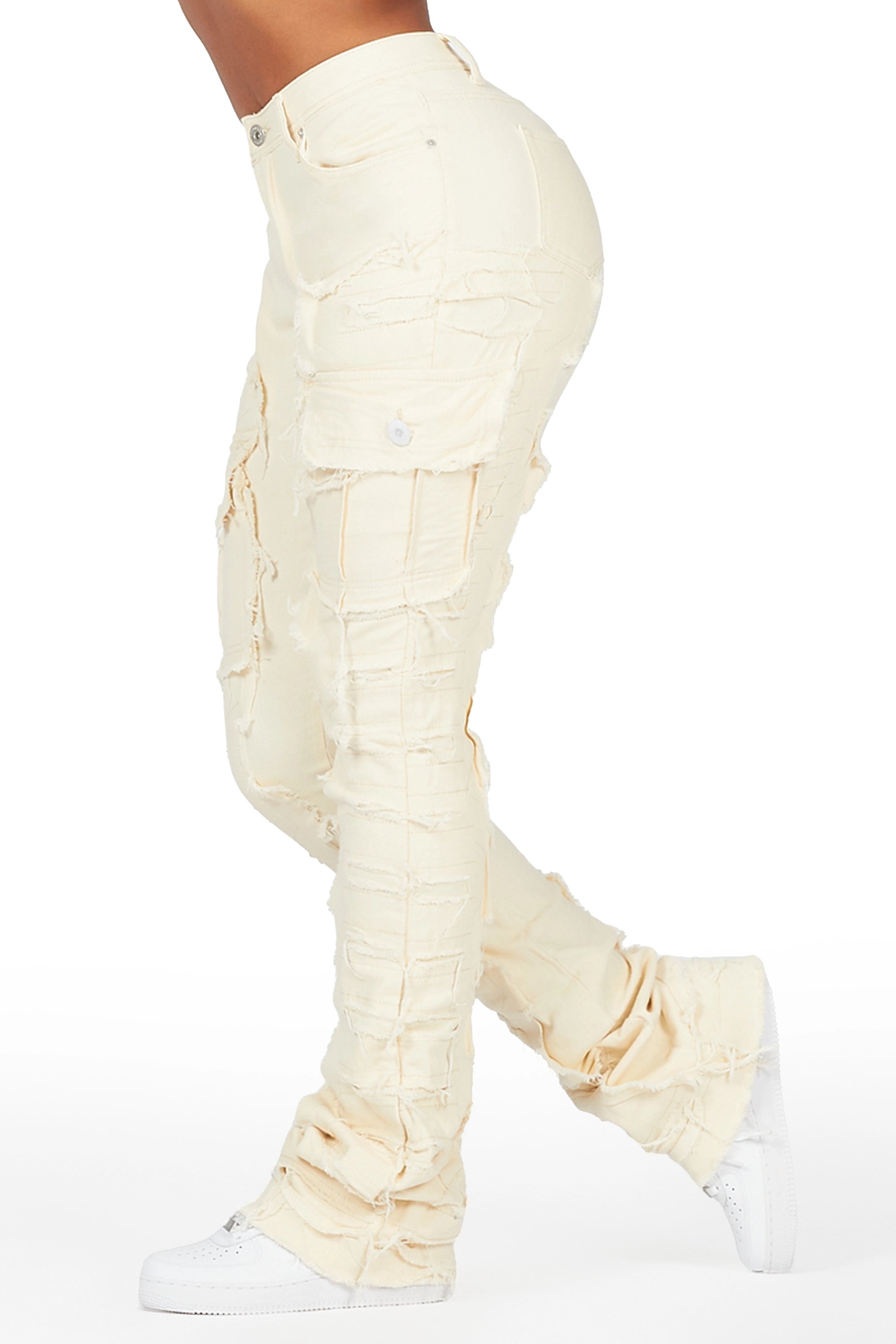 Aerial Beige Stacked Flare Jean Fashionable Slouchy Fit Jeans