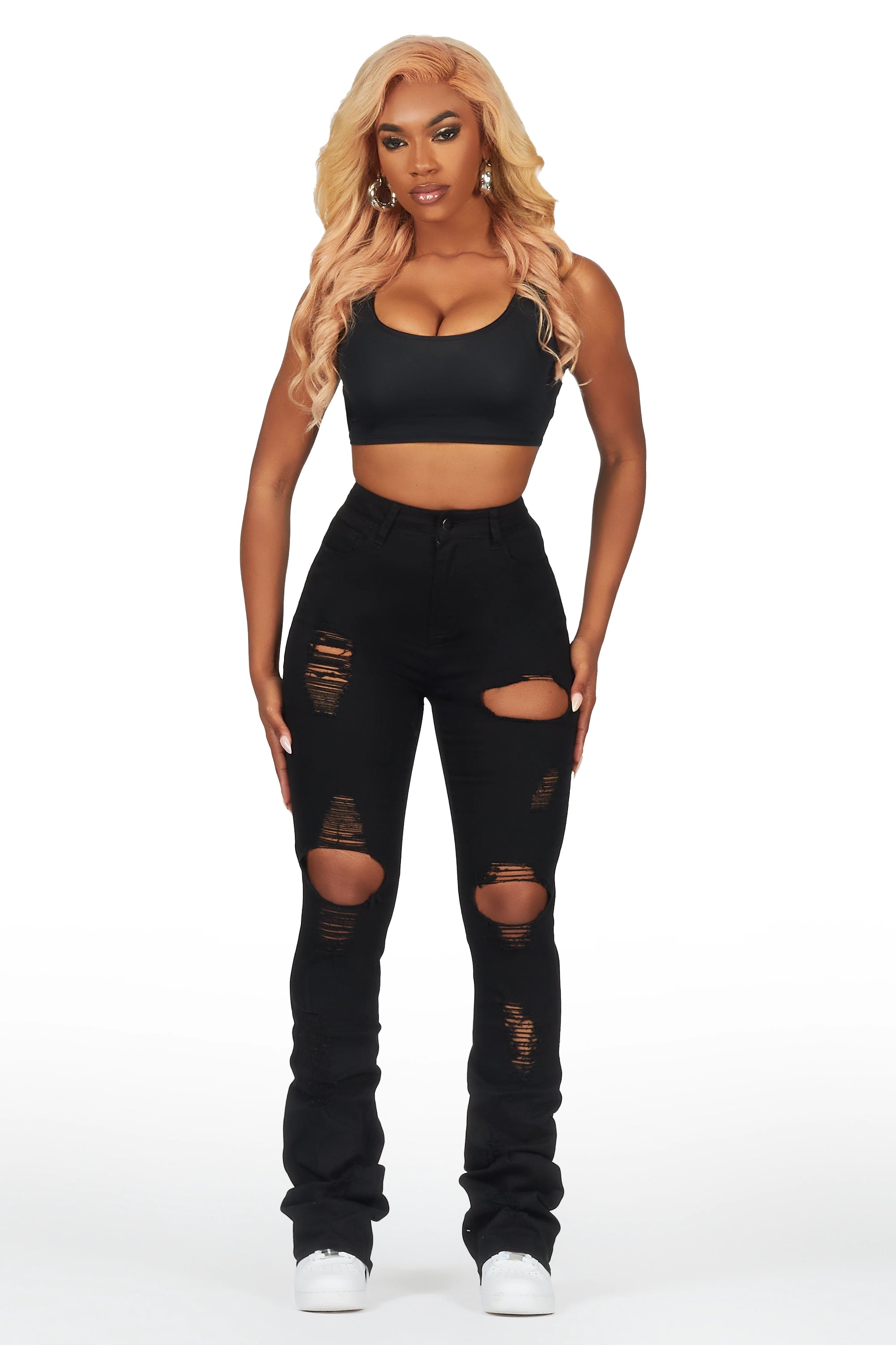 Takasia Black Distressed Super Stacked Jean Comfortable Distressed Straight-Leg Jeans