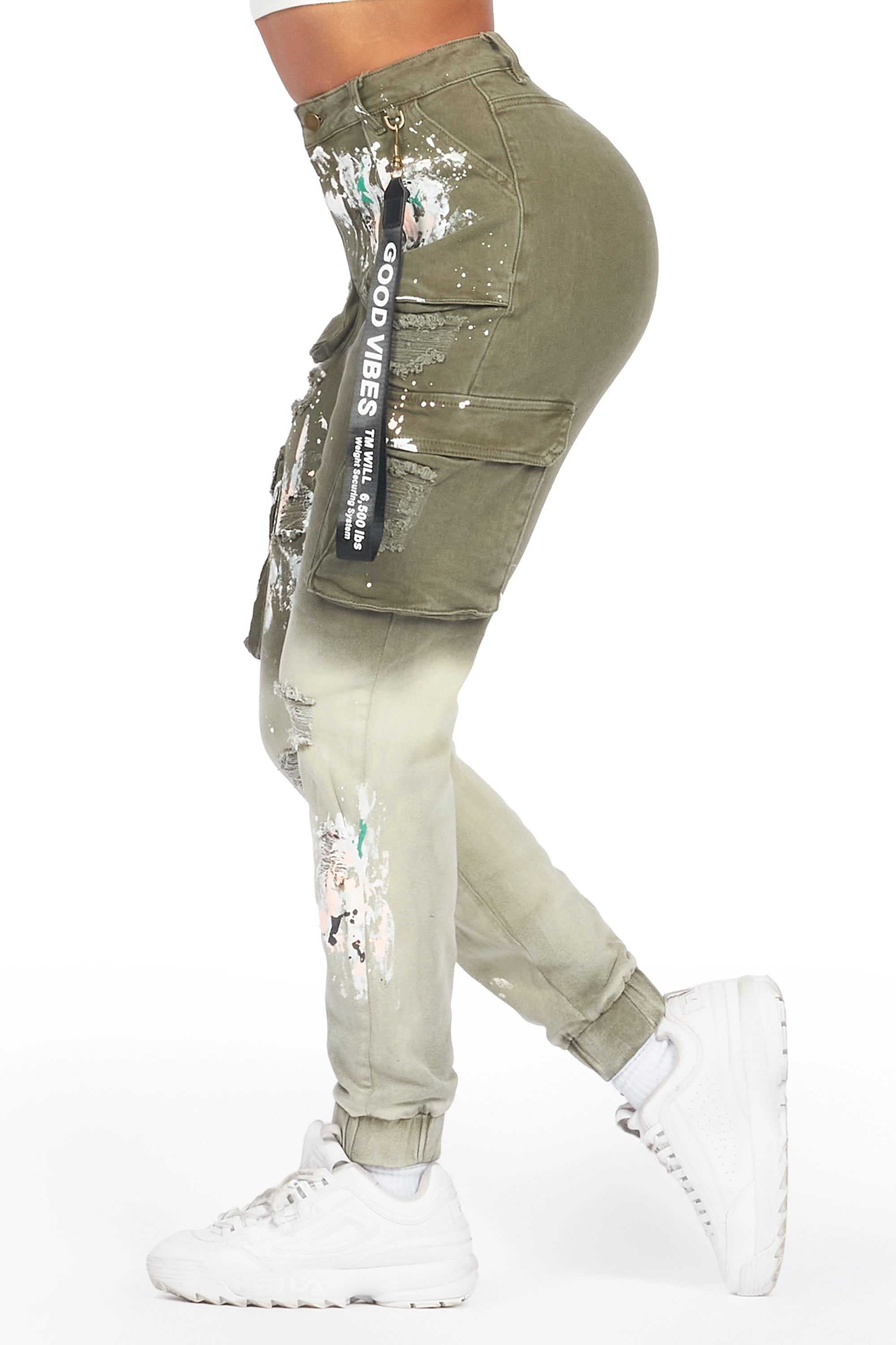 Kherry Olive Painted Jogger Jean Trendy Wide-Legged High-Waist Jeans
