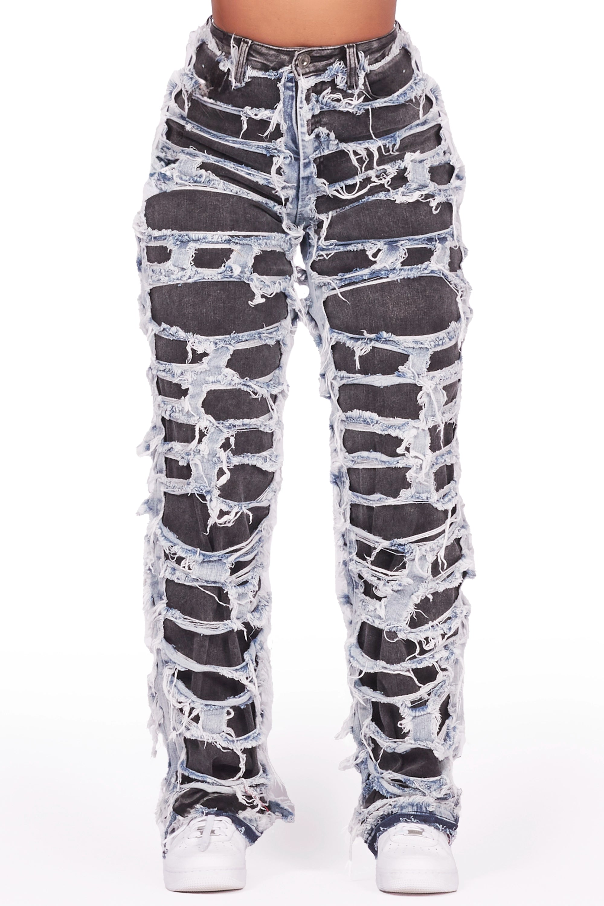 Jaidyn Black Shredded Wide Leg Jean Stylish Stone-Wash Denim Jeans