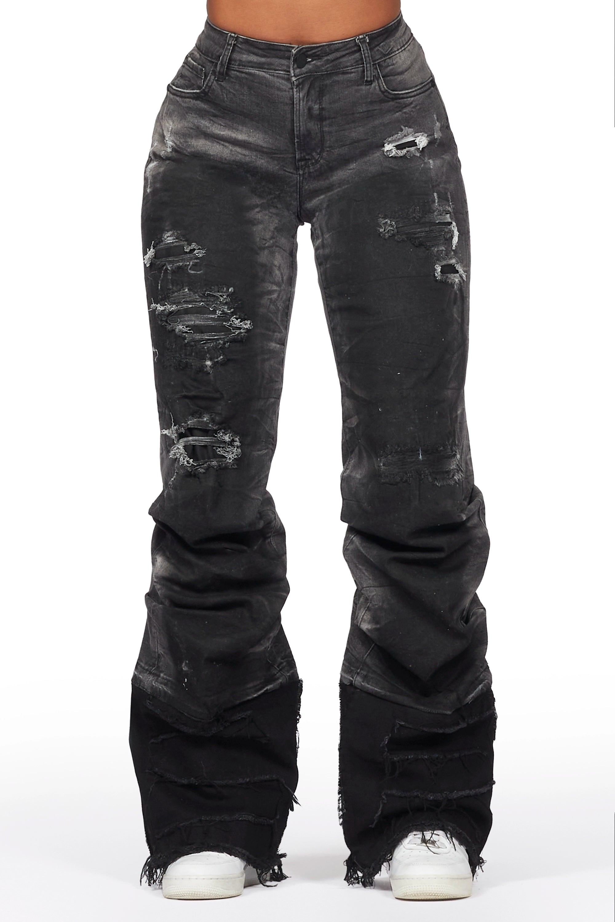 Karan Black Wash Baggy Stacked Jean Fashionable Vintage Wash Jeans