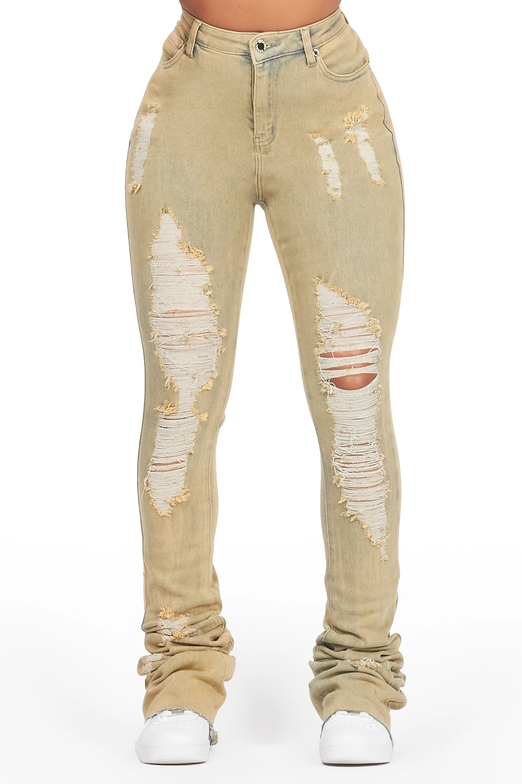 Got A Crush Tinted Light Wash Distressed Super Stacked Jean Trendy Cut-Off Denim Shorts