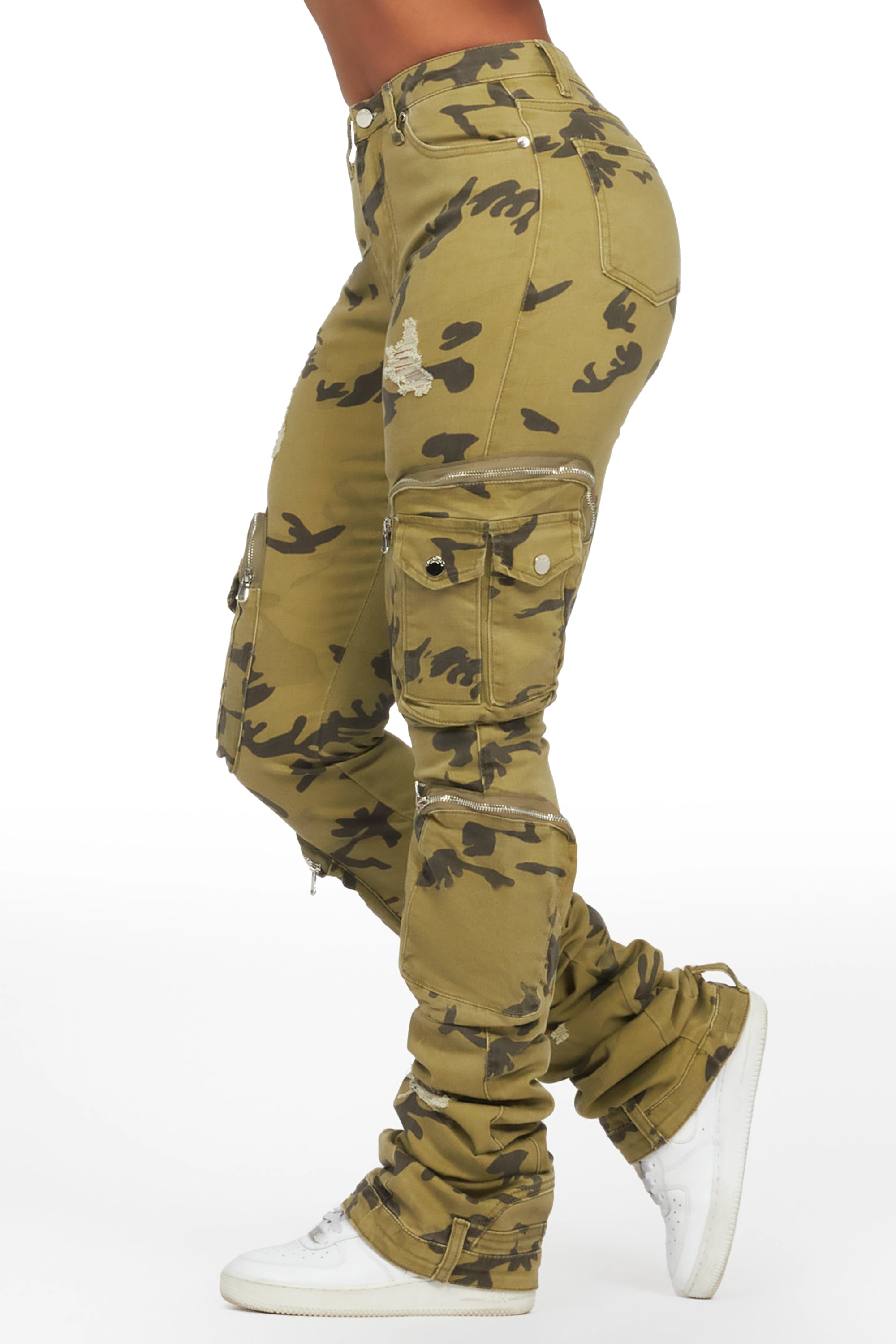 Alisson Green Camo Cargo Super Stacked Jean Trendy Low-Rise Slim Jeans