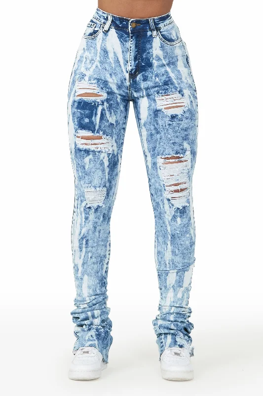 Isha Medium Wash Distressed Super Stacked Jean Elegant Wide-Leg Jeans