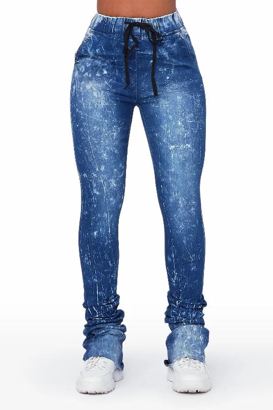 Audree Medium Wash Super Stacked Jean Stylish Paperbag Waist Denim