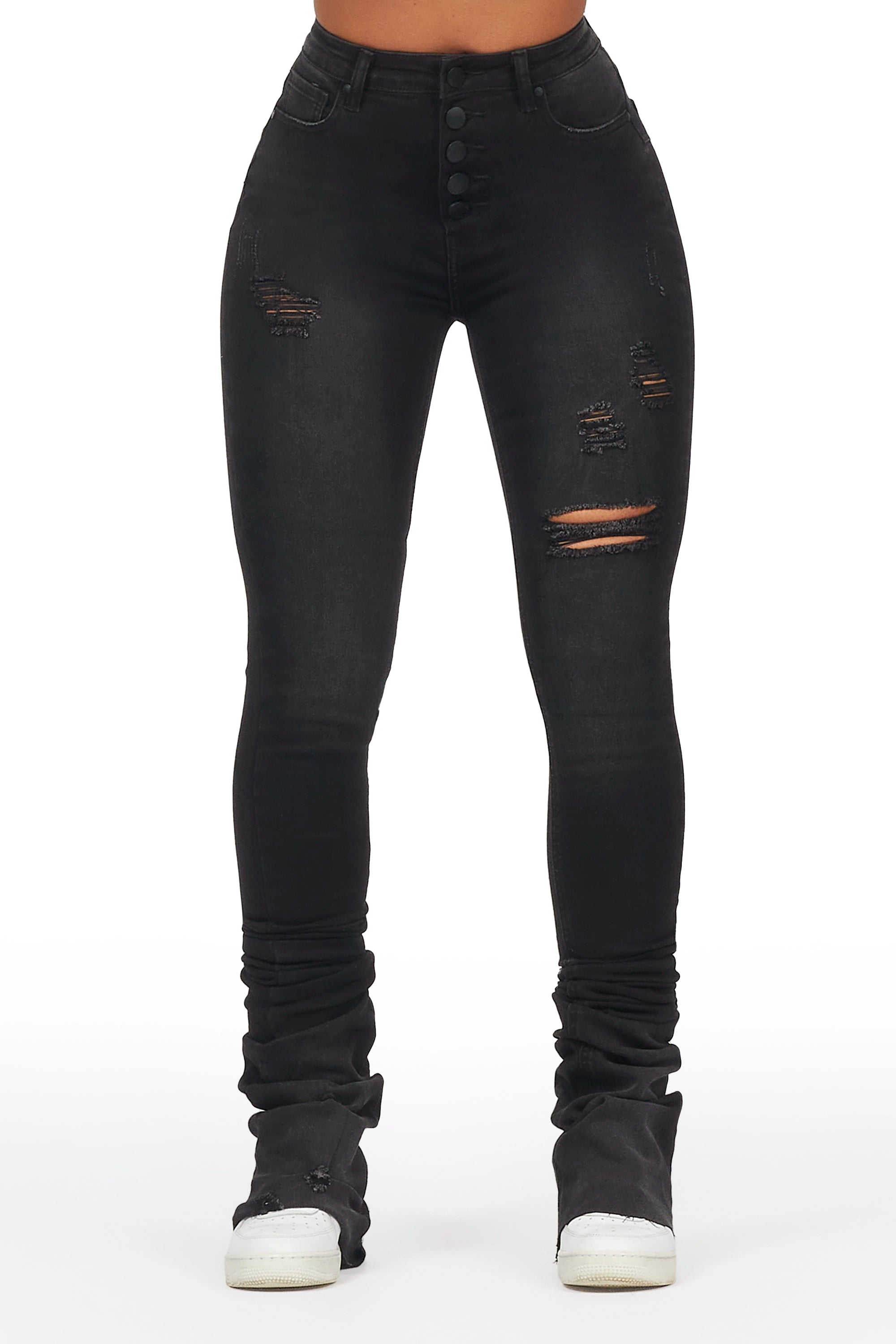 Malika Black Distressed Super Stacked Jean Elegant Raw Hem Jeans