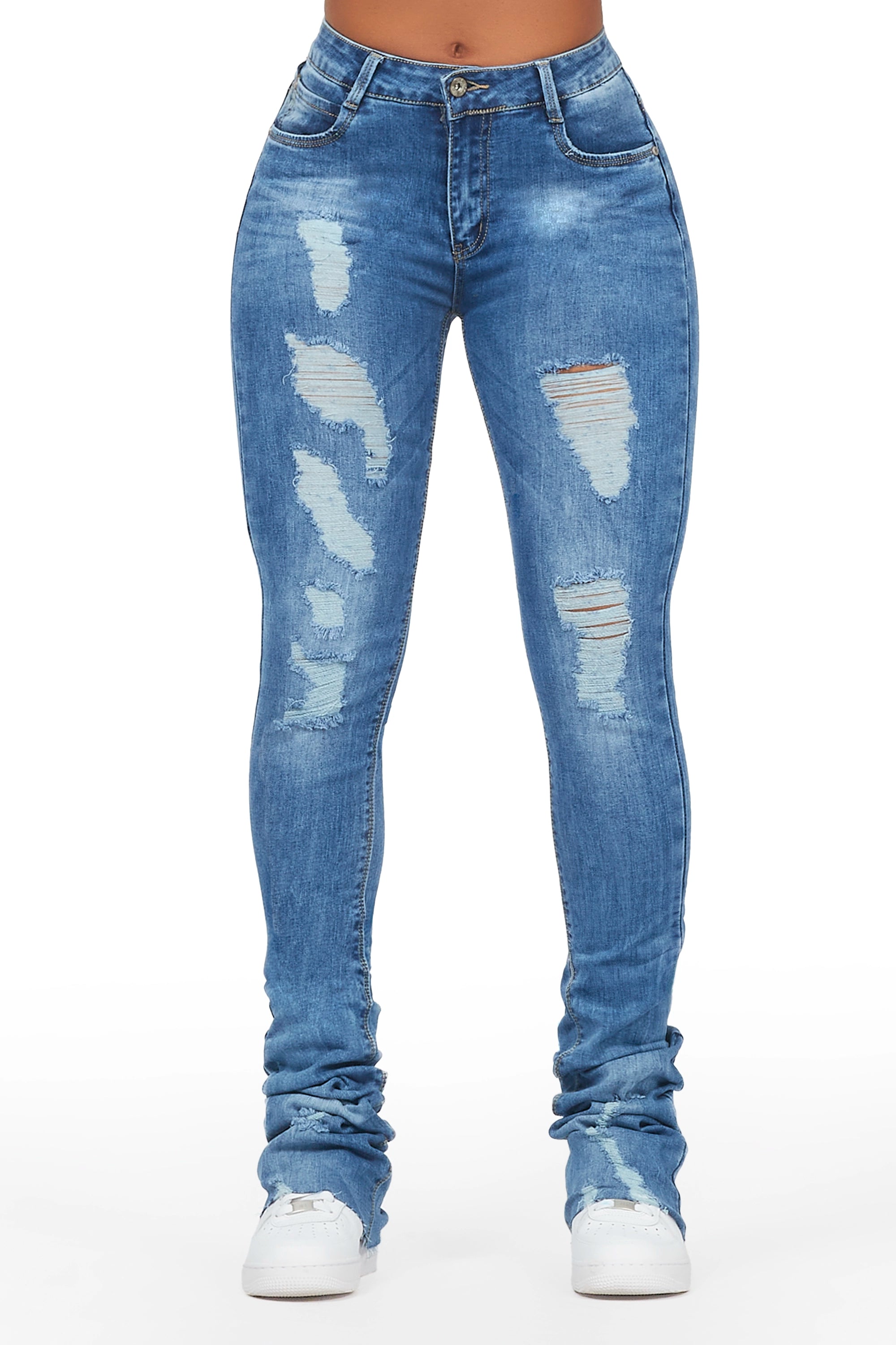 Chantez Med. Wash Distressed Super Stacked Jean Stylish High-Rise Mom Jeans