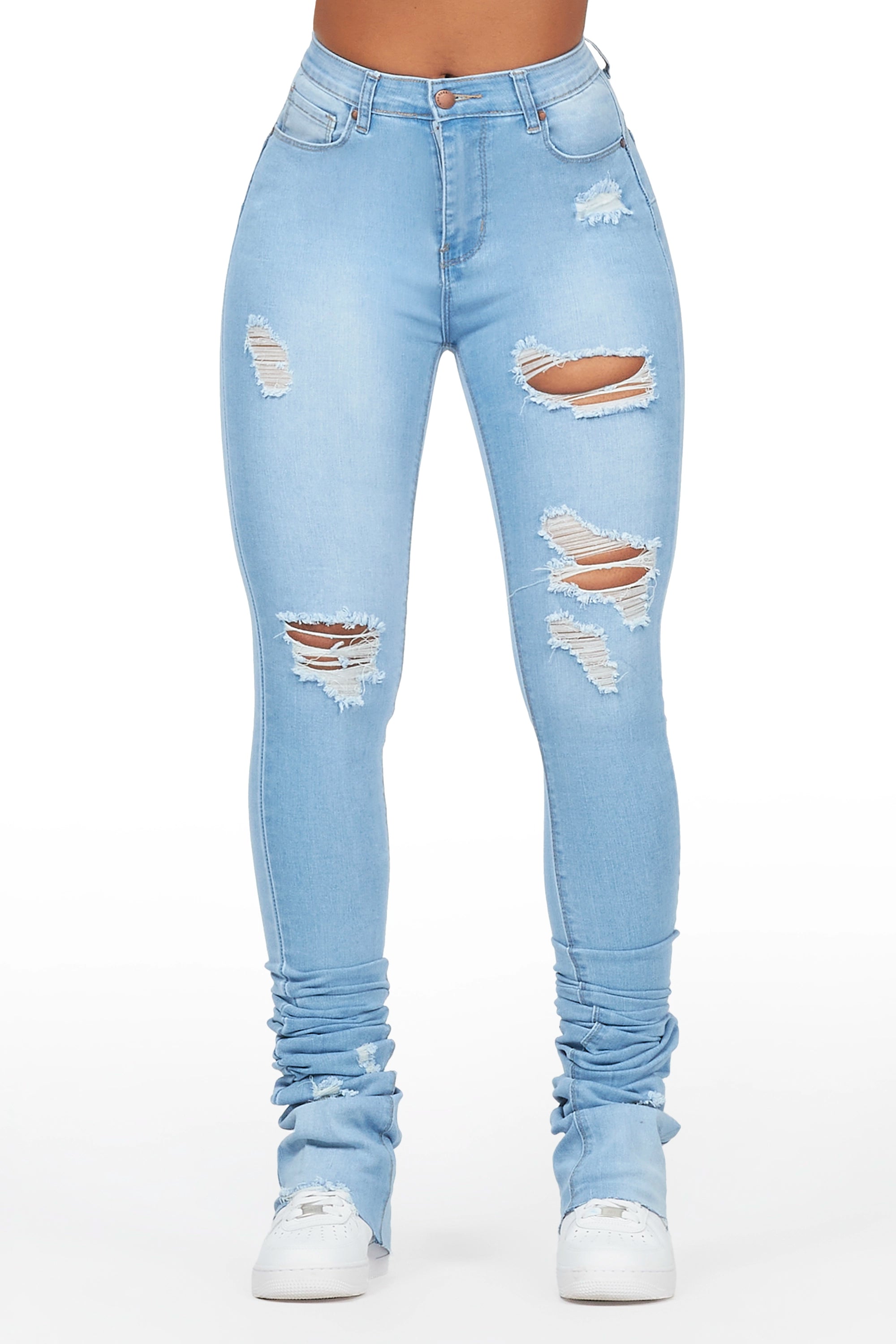 Timekia Light Wash Distressed Super Stacked Jean Fashionable Straight Cut Jeans