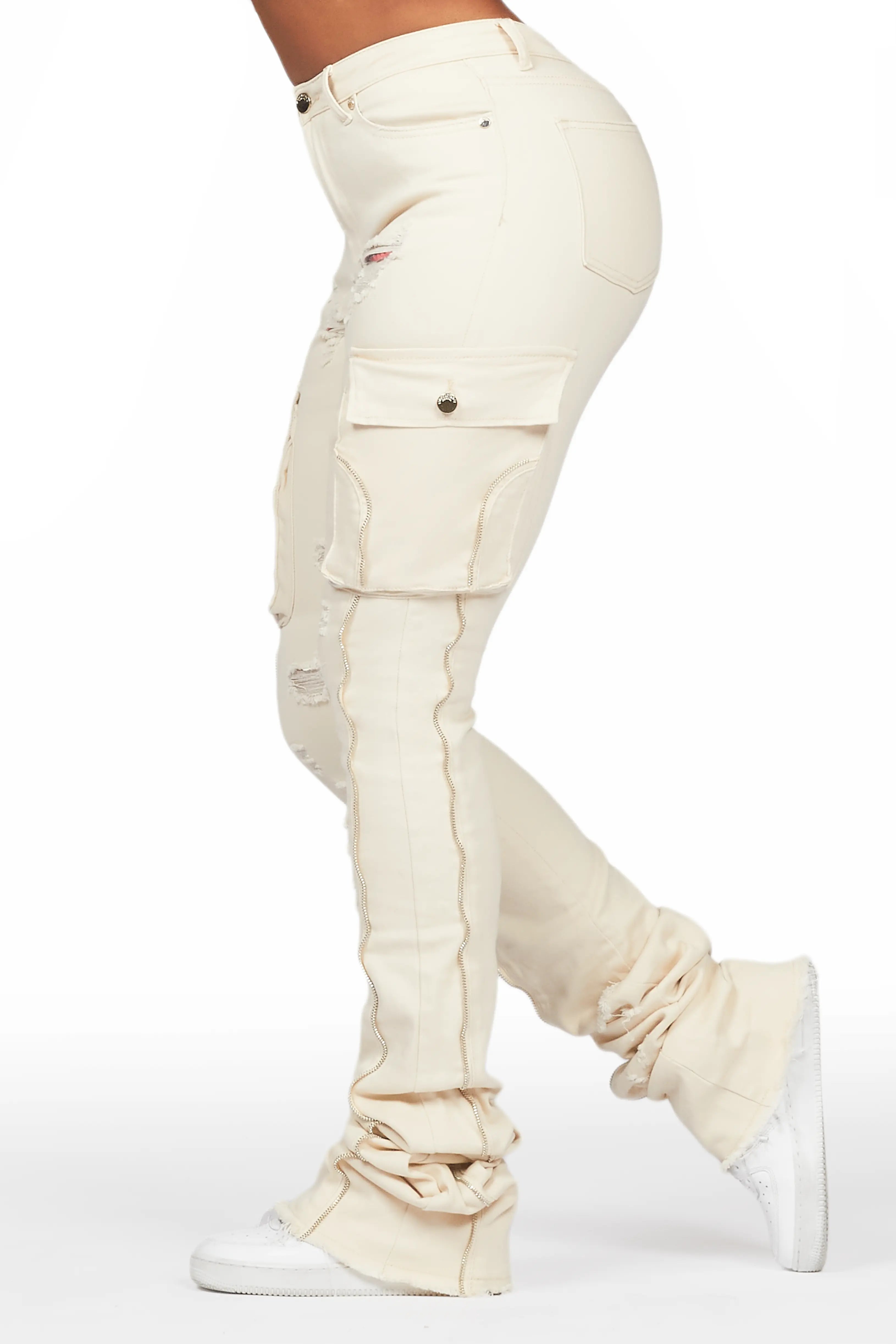 Shanita Beige Super Stacked Jean Classic Button Fly Jeans