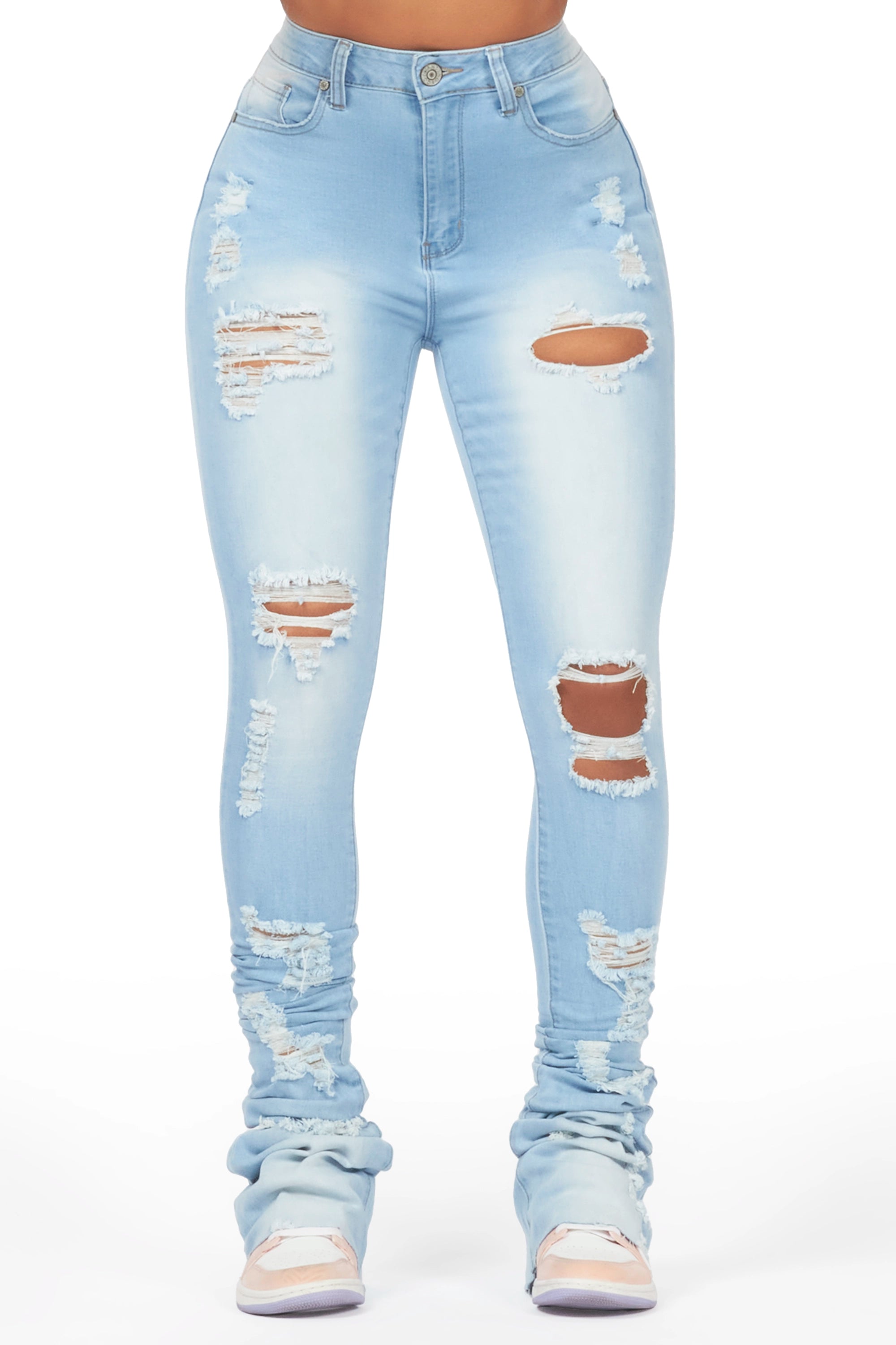 Zania Light Wash Distressed Super Stacked Jean Comfortable Mid-Rise Jeans