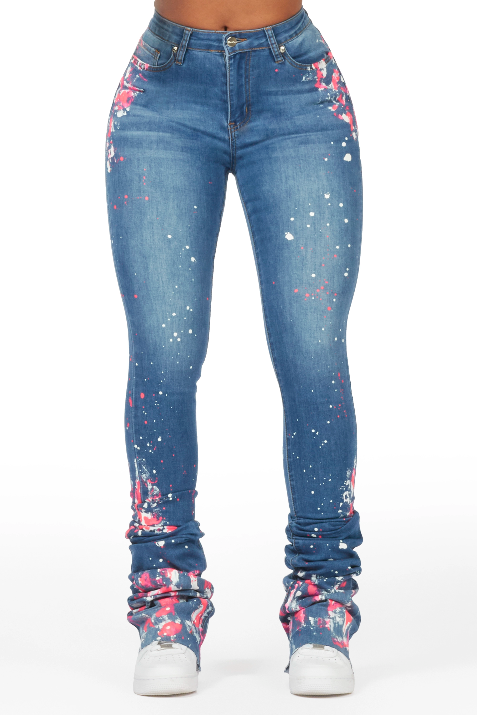 Tyshia Med. Wash Painted Super Stacked Jean Elegant Skinny Leg Jeans