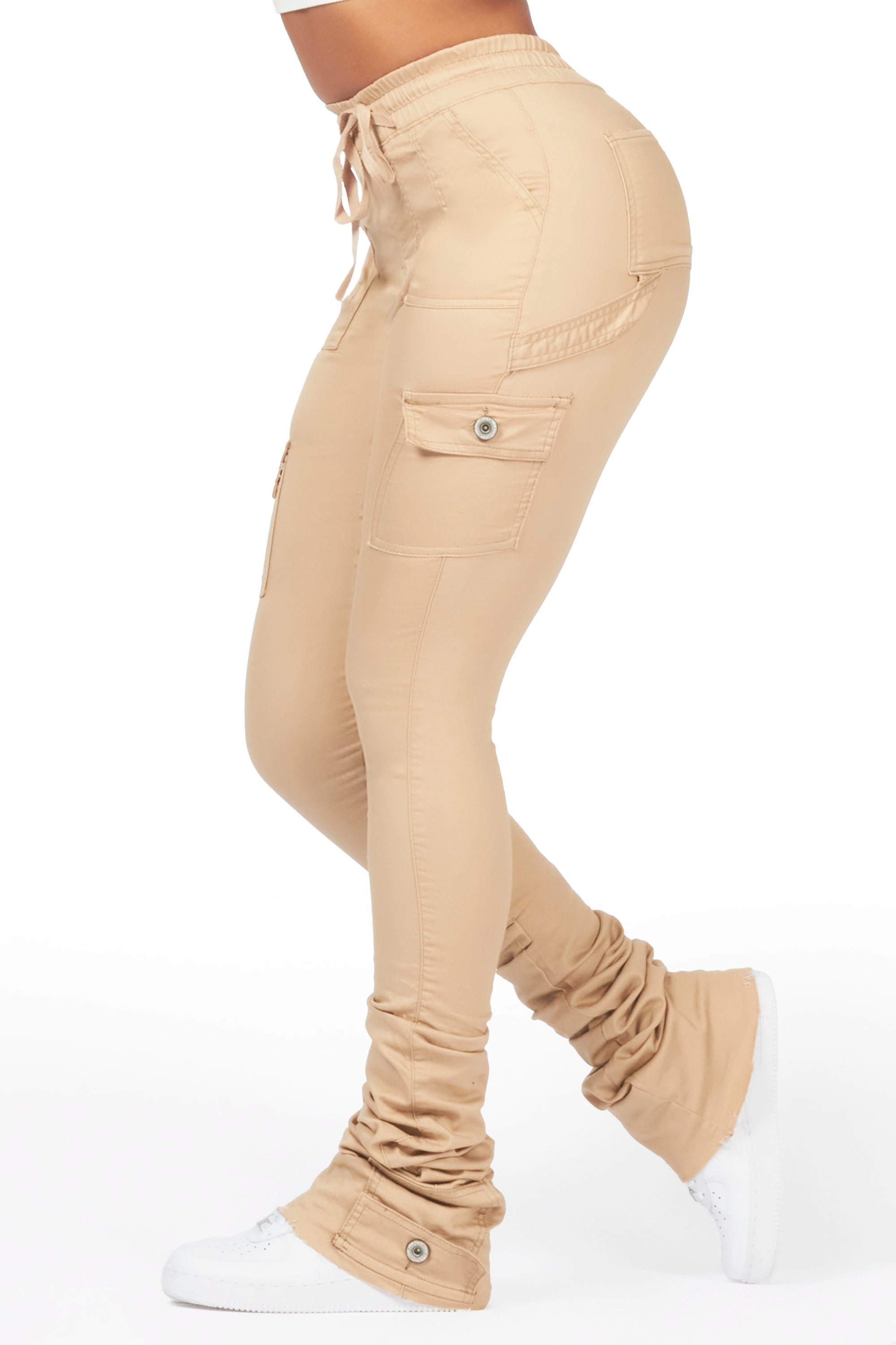 Kassandra Tan Cargo Super Stacked Jean Fashionable Button-Front Jeans