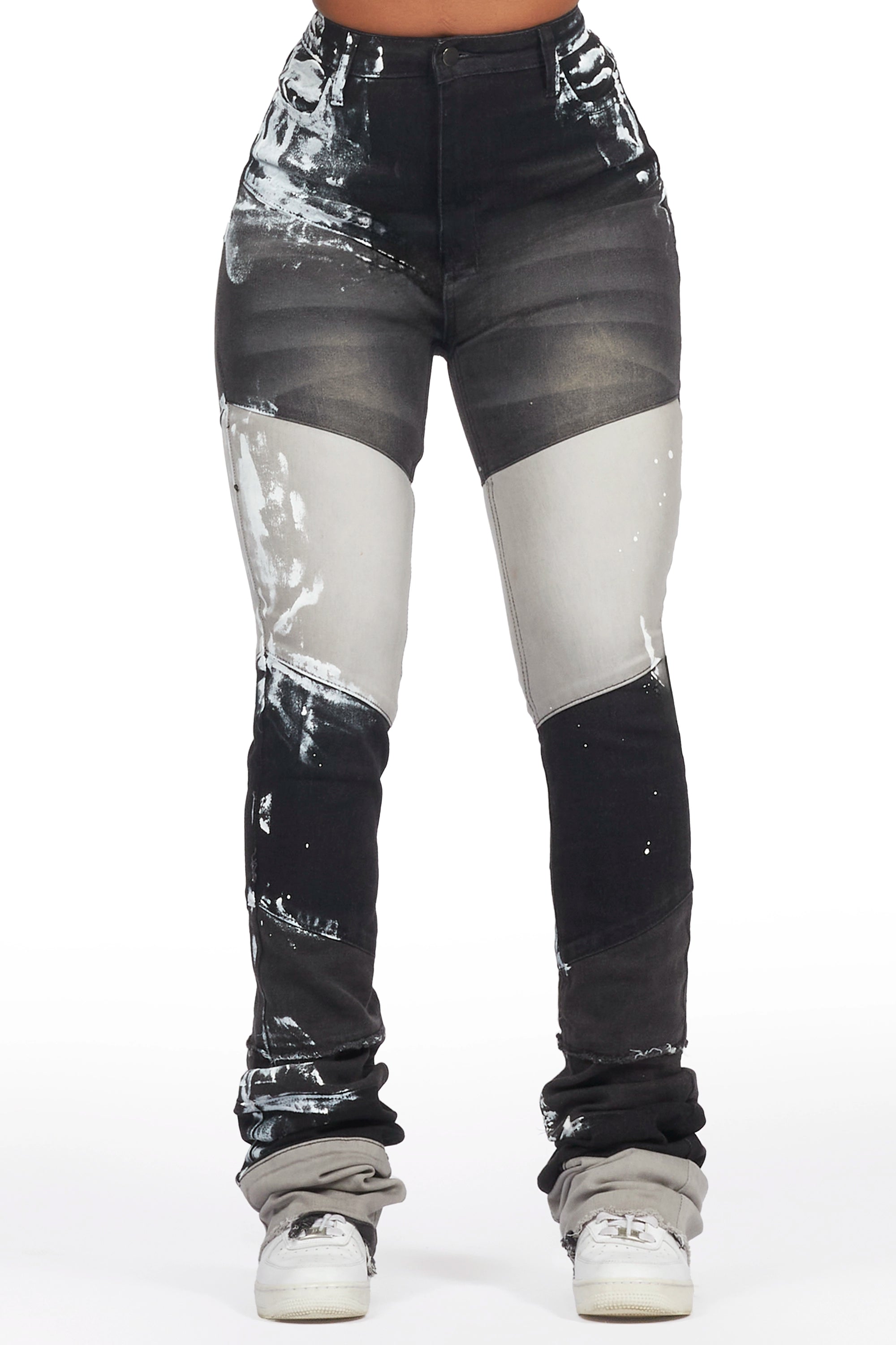 Anita Black Painted Super Stacked Jean Fashionable Button-Front Jeans