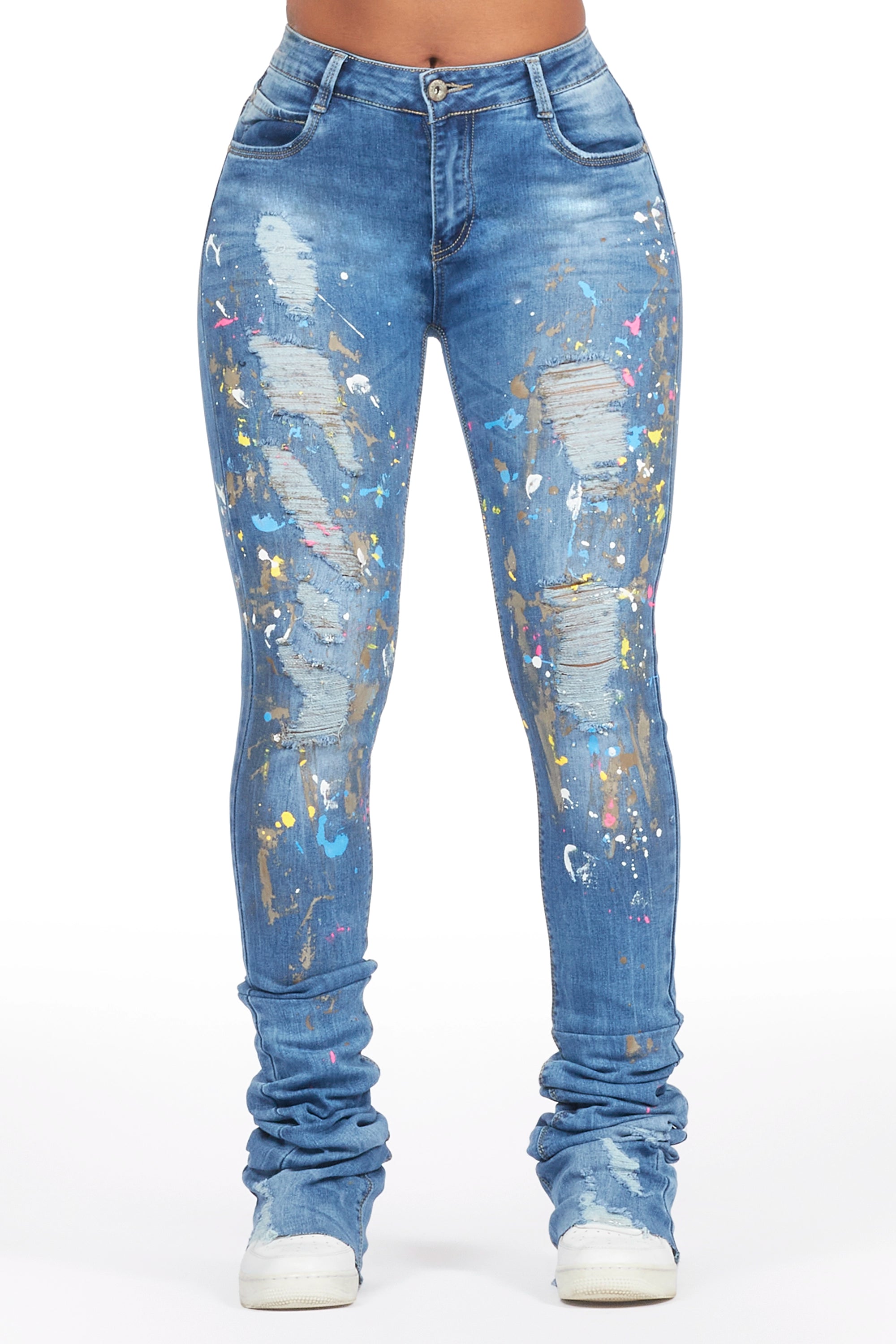 Tasheika Med. Wash Painted Super Stacked Jean Fashionable Raw Edge Jeans