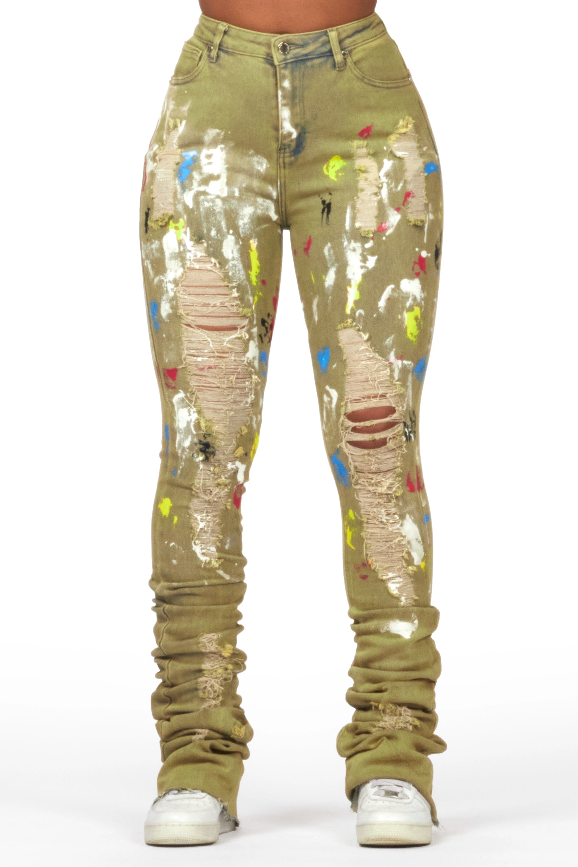 Yasmeen Multi Painted Super Stacked Jean Stylish Stone-Wash Denim Jeans