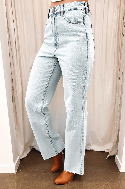 Skye High Rise Straight Leg Jean Light Blue Trendy Pleated Waist Jeans