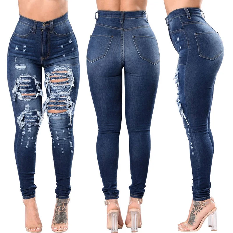 Stretchy Blue Ripped Jeans Fashionable Vintage Wash Jeans
