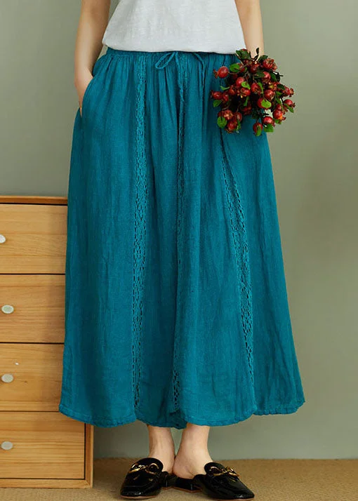 Art Peacock blue elastic waist Linen Skirts Spring silk skirt elegant