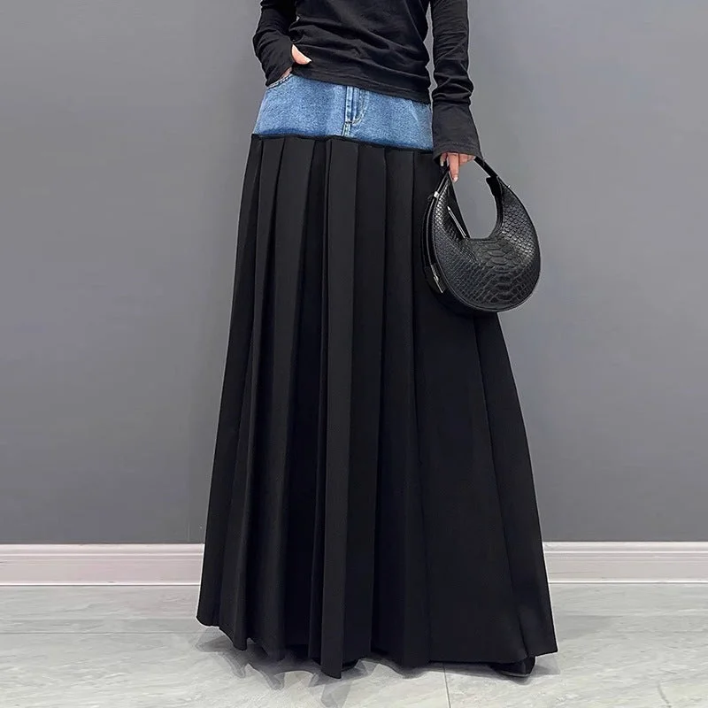 Casual Contrast Patchwork Denim Skirt relaxed fit skirt