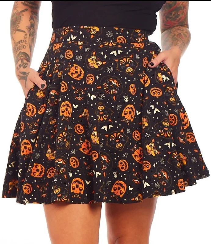 Classic Halloween Pumpkin Skater Skirt in Black or Cream corduroy skirt textured