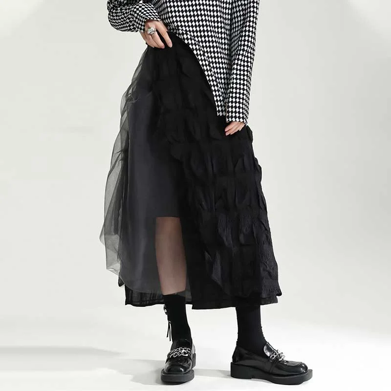 Contrast Color Stitching Mesh Pleated A-line Skirt wool skirt warm