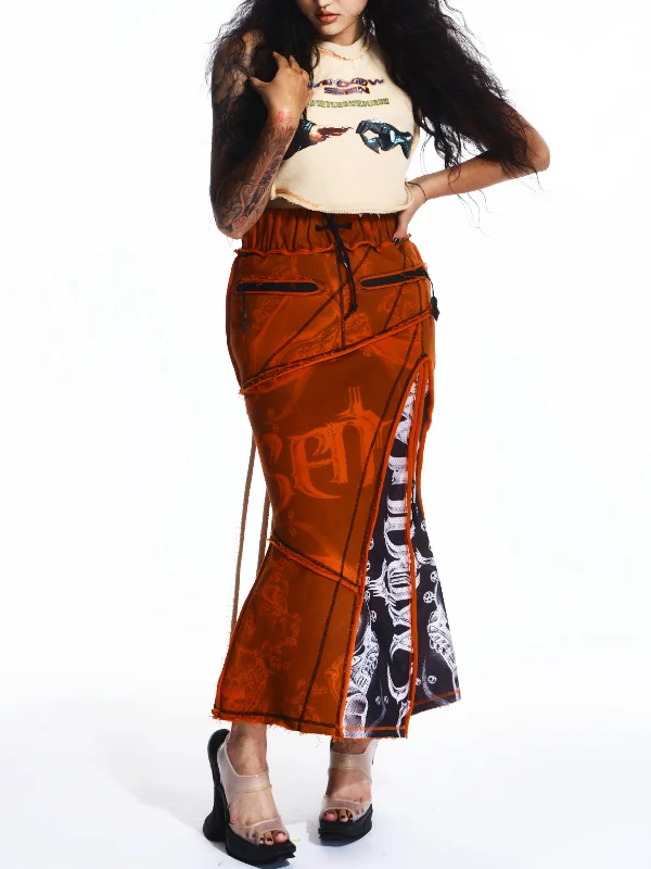 GRAPHIC PANELED LONG SKIRT ruffled skirt detail