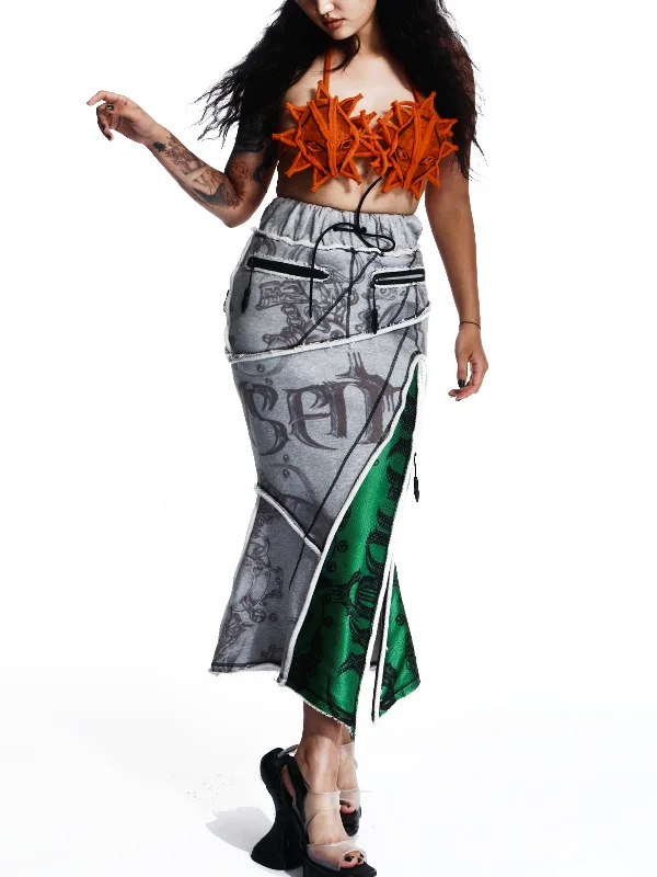 GRAPHIC PANELED LONG SKIRT silk skirt smooth