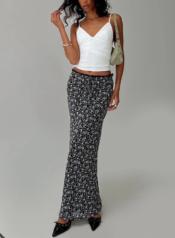 Emily Maxi Skirt Blue / Black Floral flowy skirt hem